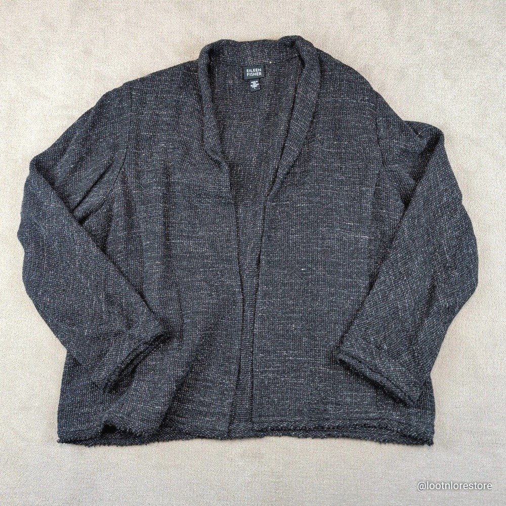 Eileen Fisher Vintage Minimalist Gray Linen Wool Cardigan L Casual Textured Knit
